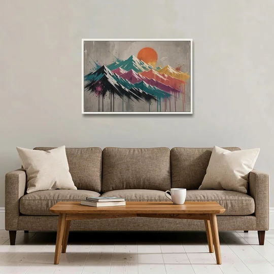 Street Art Spray Stencil Mountain Range Under Orange Sun - White Framed Canvas Wall Art - Sofa - 36x24