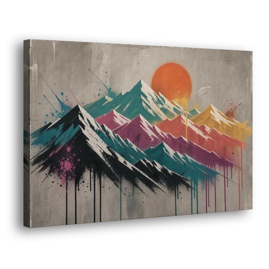 Street Art Spray Stencil Mountain Range Under Orange Sun - Canvas Wall Art - Side