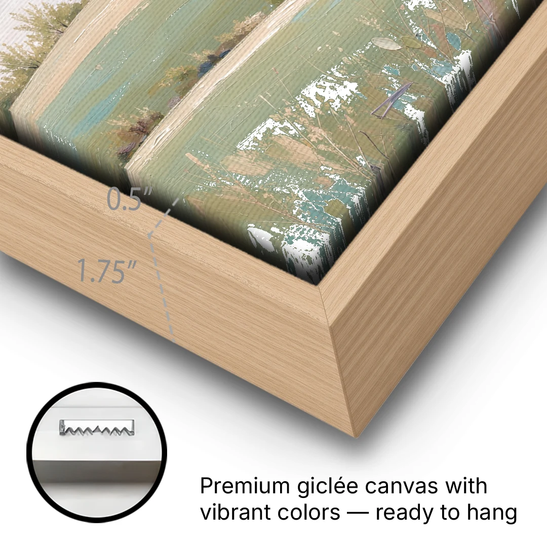 Spring Hills Under a Blush Morning for the Guest Bedroom - Oak Framed Canvas Wall Art - Gallery Wrap Corner