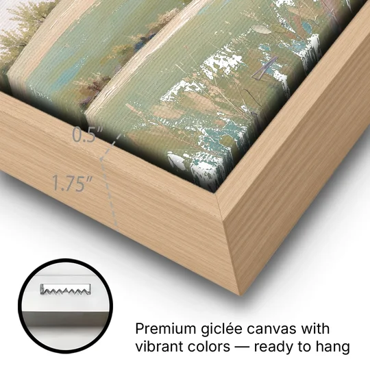 Spring Hills Under a Blush Morning for the Guest Bedroom - Oak Framed Canvas Wall Art - Gallery Wrap Corner