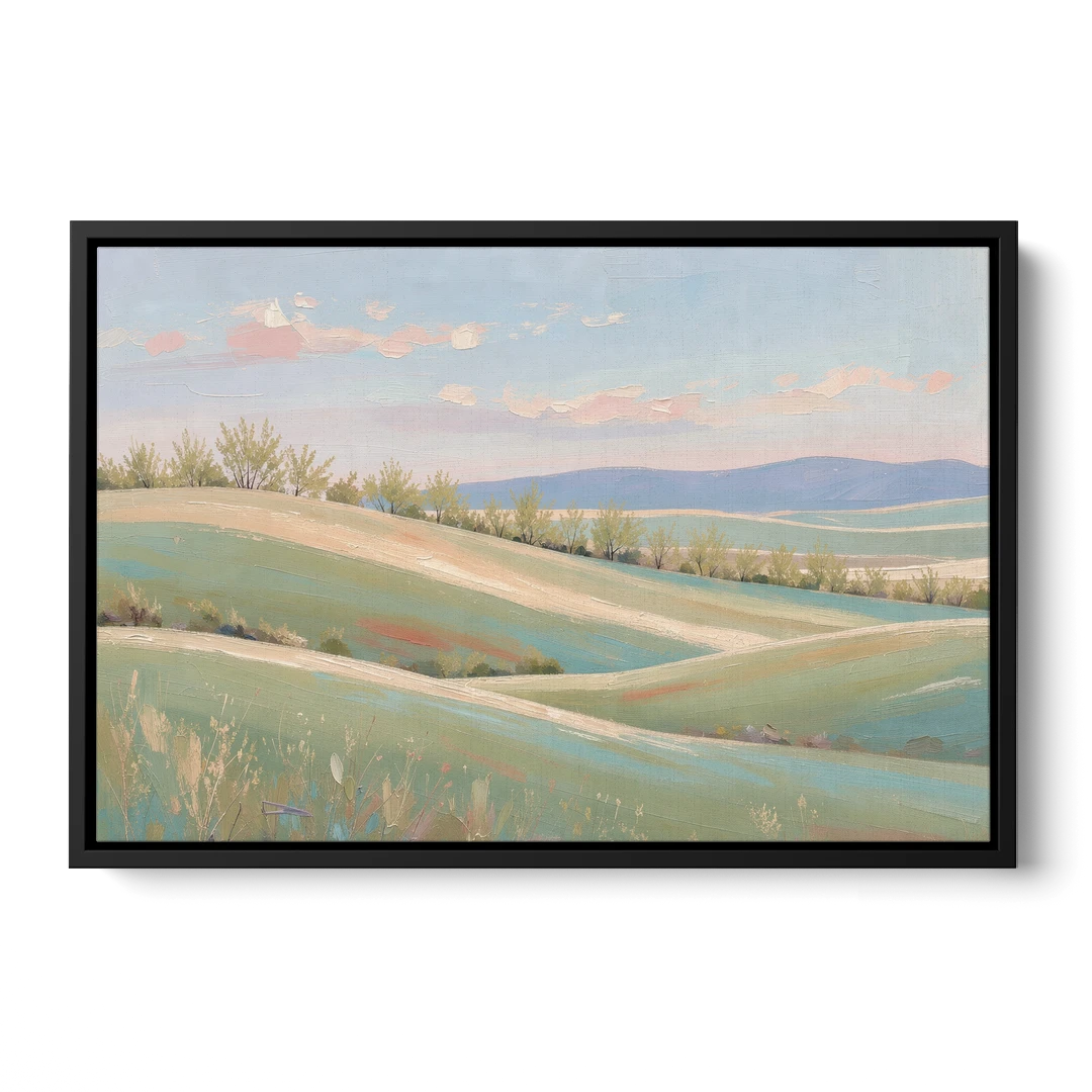 Spring Hills Under a Blush Morning for the Guest Bedroom - Black Framed Canvas Wall Art - Front