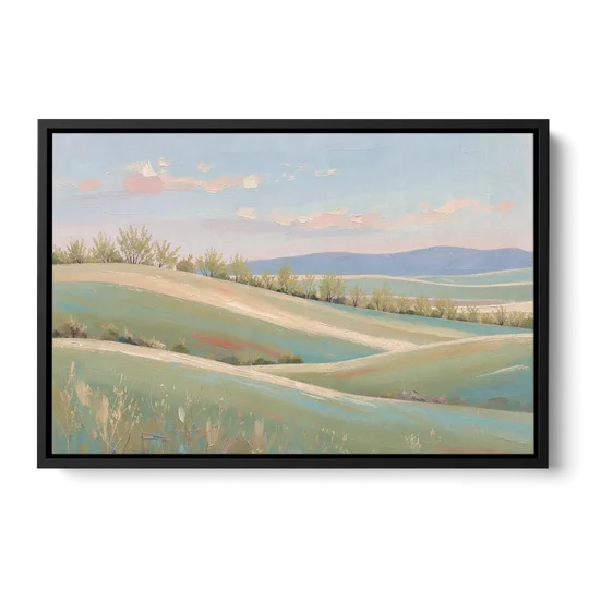 Spring Hills Under a Blush Morning for the Guest Bedroom - Black Framed Canvas Wall Art - Front