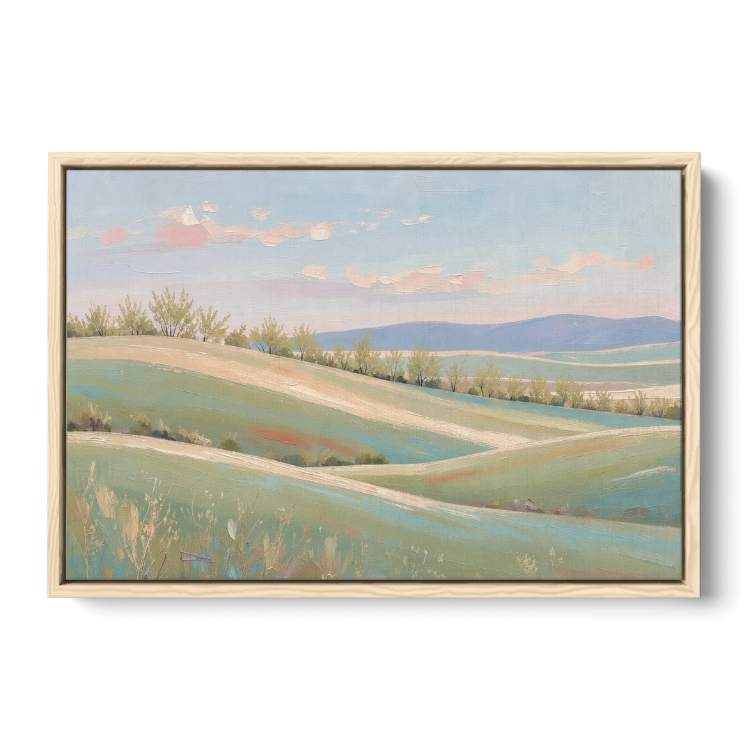 Spring Hills Under a Blush Morning for the Guest Bedroom - Oak Framed Canvas Wall Art - Front
