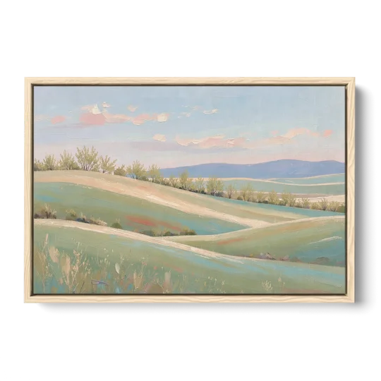 Spring Hills Under a Blush Morning for the Guest Bedroom - Oak Framed Canvas Wall Art - Front