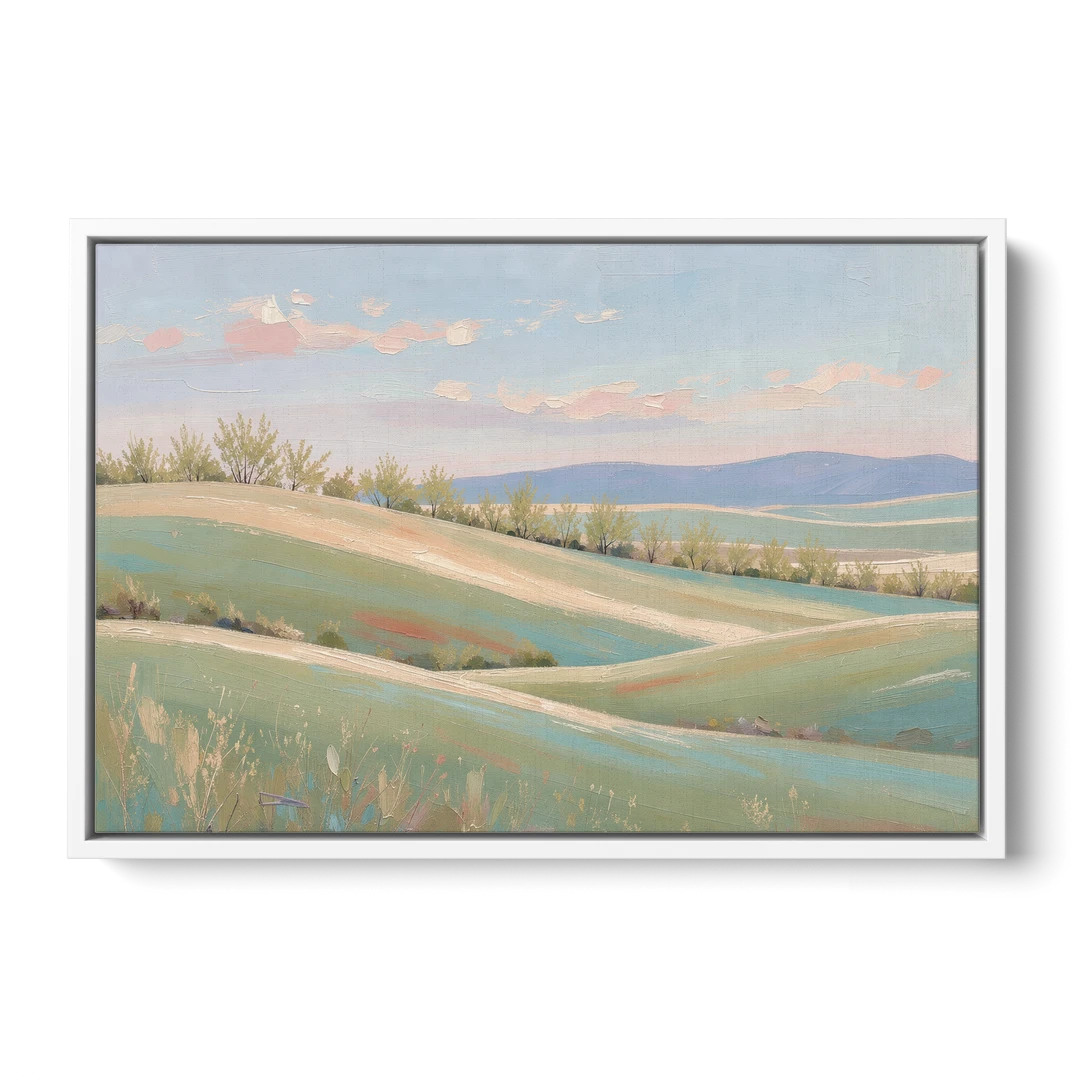 Spring Hills Under a Blush Morning for the Guest Bedroom - White Framed Canvas Wall Art - Front