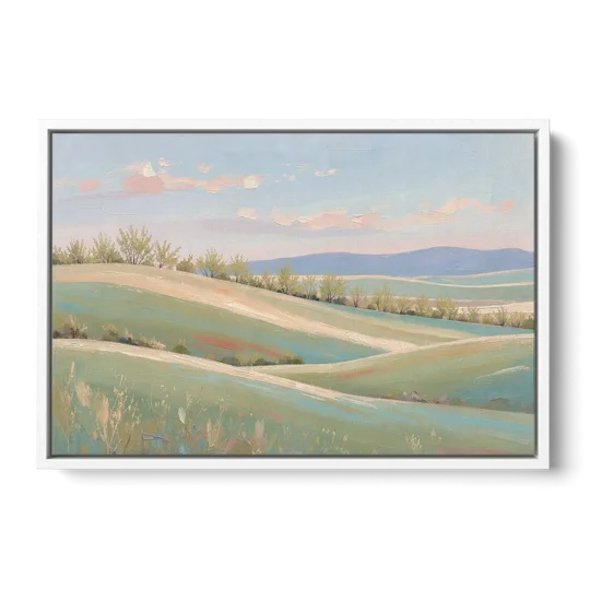 Spring Hills Under a Blush Morning for the Guest Bedroom - White Framed Canvas Wall Art - Front