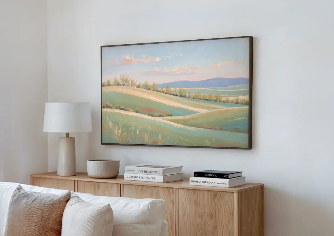 Spring Hills Under a Blush Morning for the Guest Bedroom canvas wall art above a wooden sideboard next to a sofa