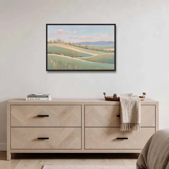 Spring Hills Under a Blush Morning for the Guest Bedroom - Black Framed Canvas Wall Art - Coffee Table - 36x24