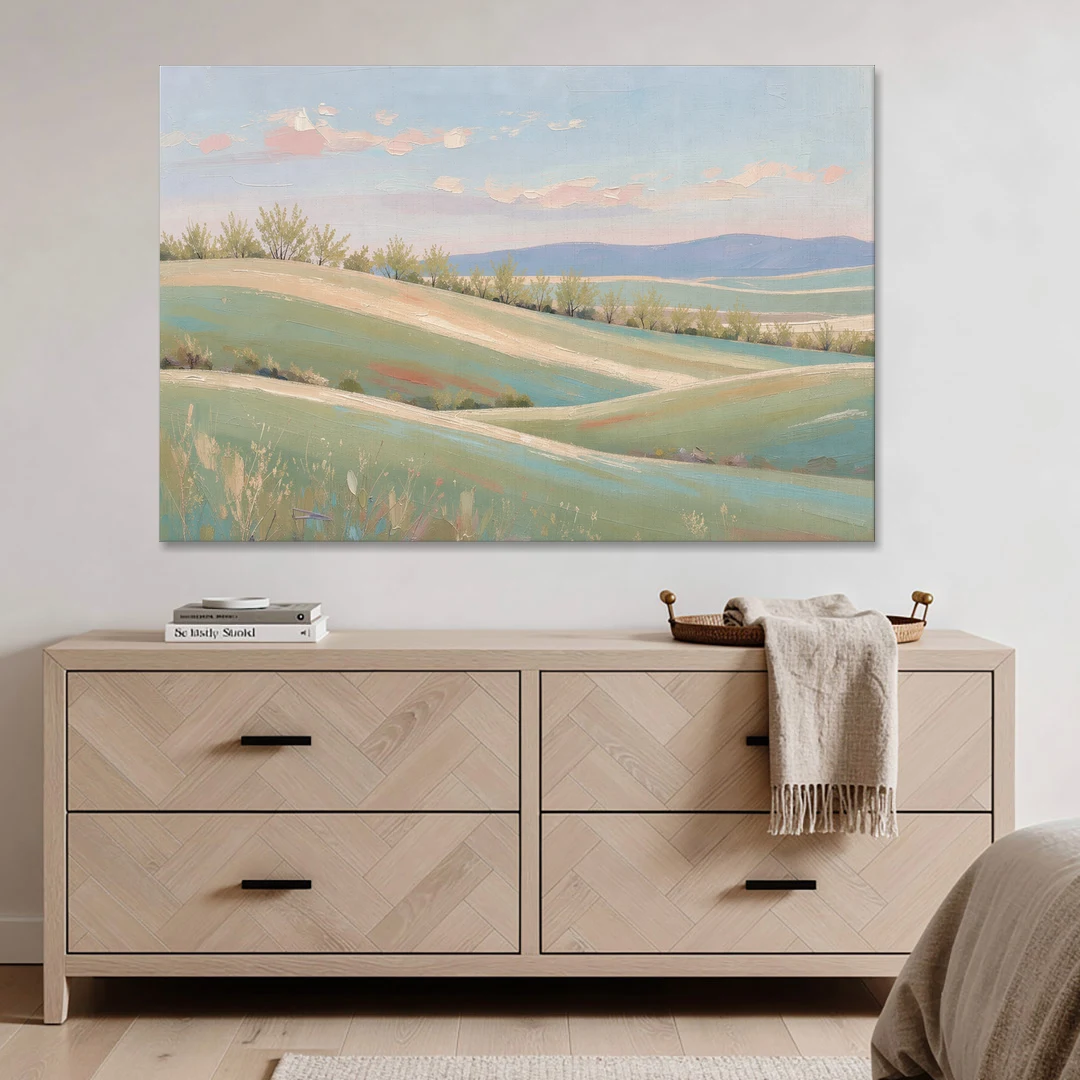 Spring Hills Under a Blush Morning for the Guest Bedroom - Canvas Wall Art - Coffee Table - 60x40