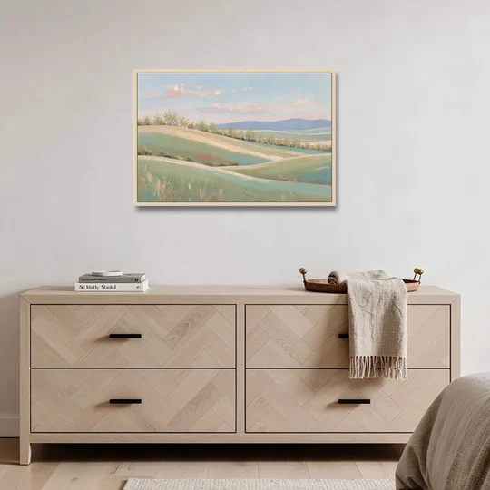 Spring Hills Under a Blush Morning for the Guest Bedroom - Oak Framed Canvas Wall Art - Coffee Table - 36x24