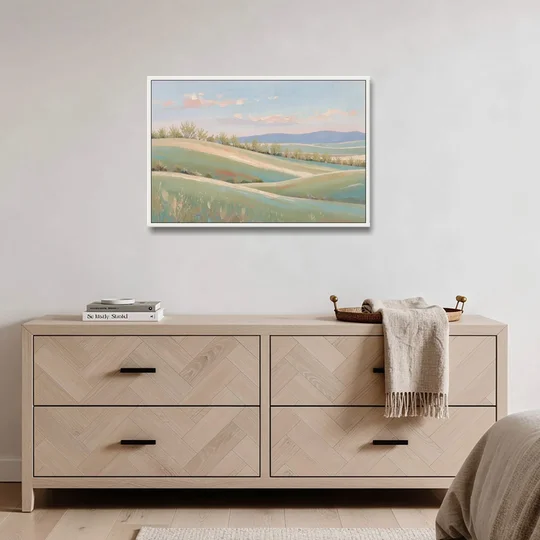 Spring Hills Under a Blush Morning for the Guest Bedroom - White Framed Canvas Wall Art - Coffee Table - 36x24