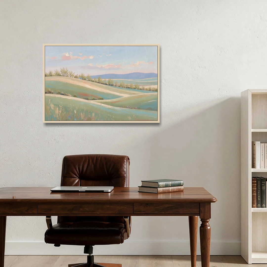 Spring Hills Under a Blush Morning for the Guest Bedroom - Oak Framed Canvas Wall Art - Office - 36x24