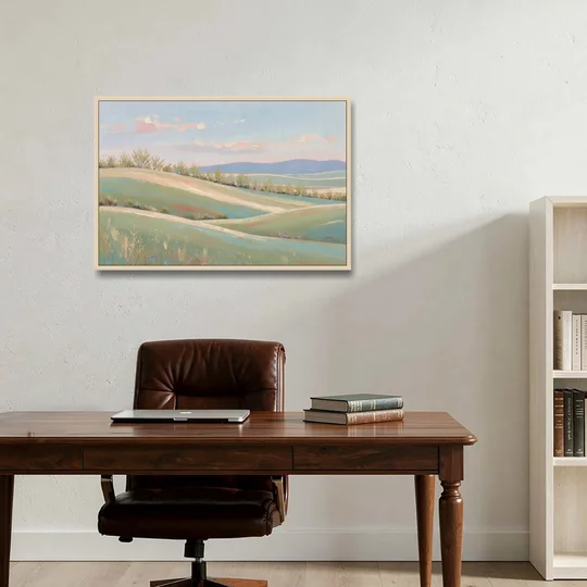 Spring Hills Under a Blush Morning for the Guest Bedroom - Oak Framed Canvas Wall Art - Office - 36x24