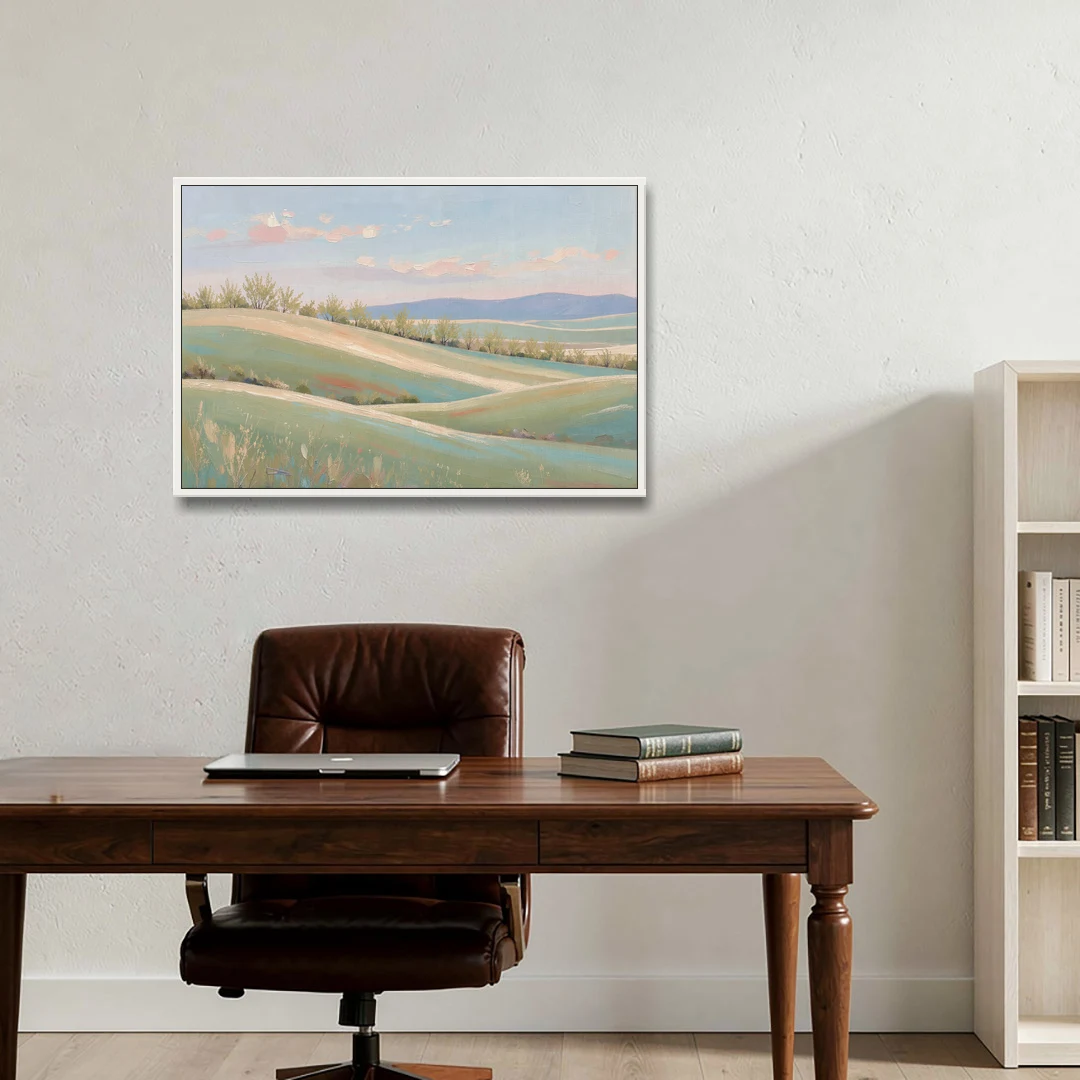 Spring Hills Under a Blush Morning for the Guest Bedroom - White Framed Canvas Wall Art - Office - 36x24