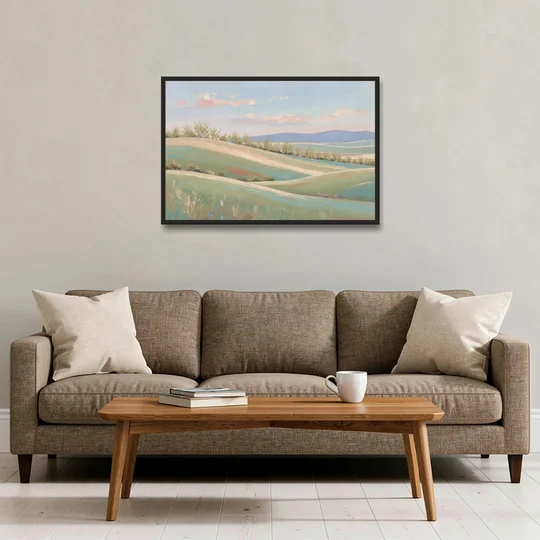 Spring Hills Under a Blush Morning for the Guest Bedroom - Black Framed Canvas Wall Art - Sofa - 36x24