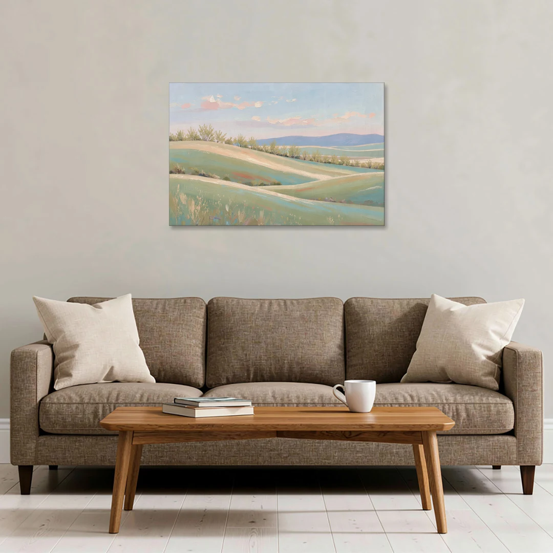 Spring Hills Under a Blush Morning for the Guest Bedroom - Canvas Wall Art - Sofa - 36x24