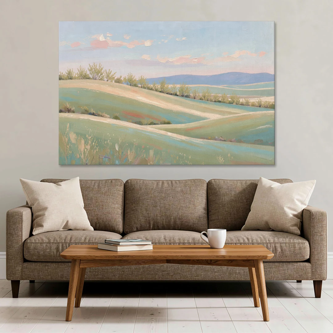 Spring Hills Under a Blush Morning for the Guest Bedroom - Canvas Wall Art - Sofa - 60x40