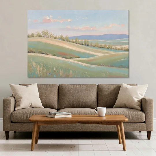 Spring Hills Under a Blush Morning for the Guest Bedroom - Canvas Wall Art - Sofa - 60x40