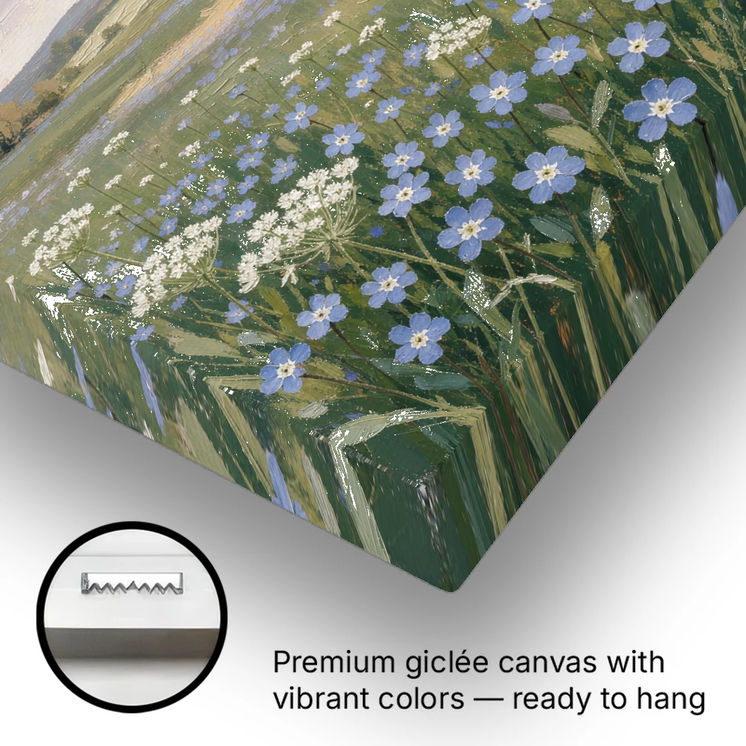Spring Wall Art of Blue Blooms After Rain - Canvas Wall Art - Gallery Wrap Corner