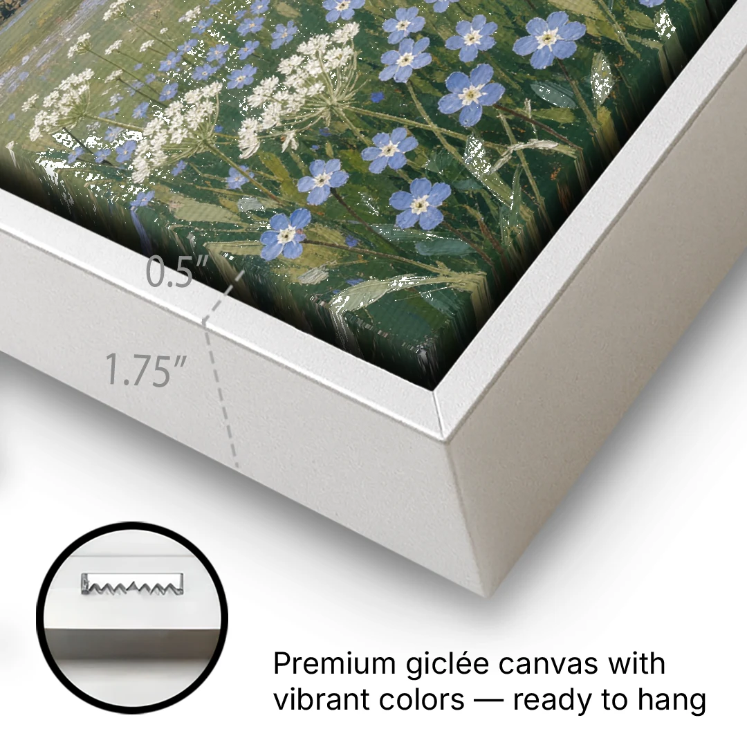 Spring Wall Art of Blue Blooms After Rain - White Framed Canvas Wall Art - Gallery Wrap Corner