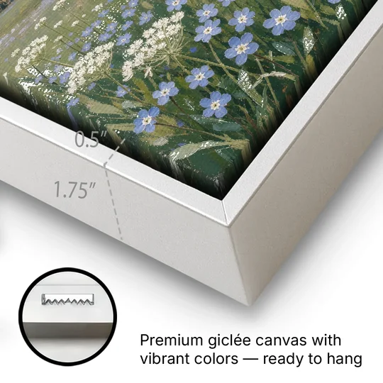 Spring Wall Art of Blue Blooms After Rain - White Framed Canvas Wall Art - Gallery Wrap Corner