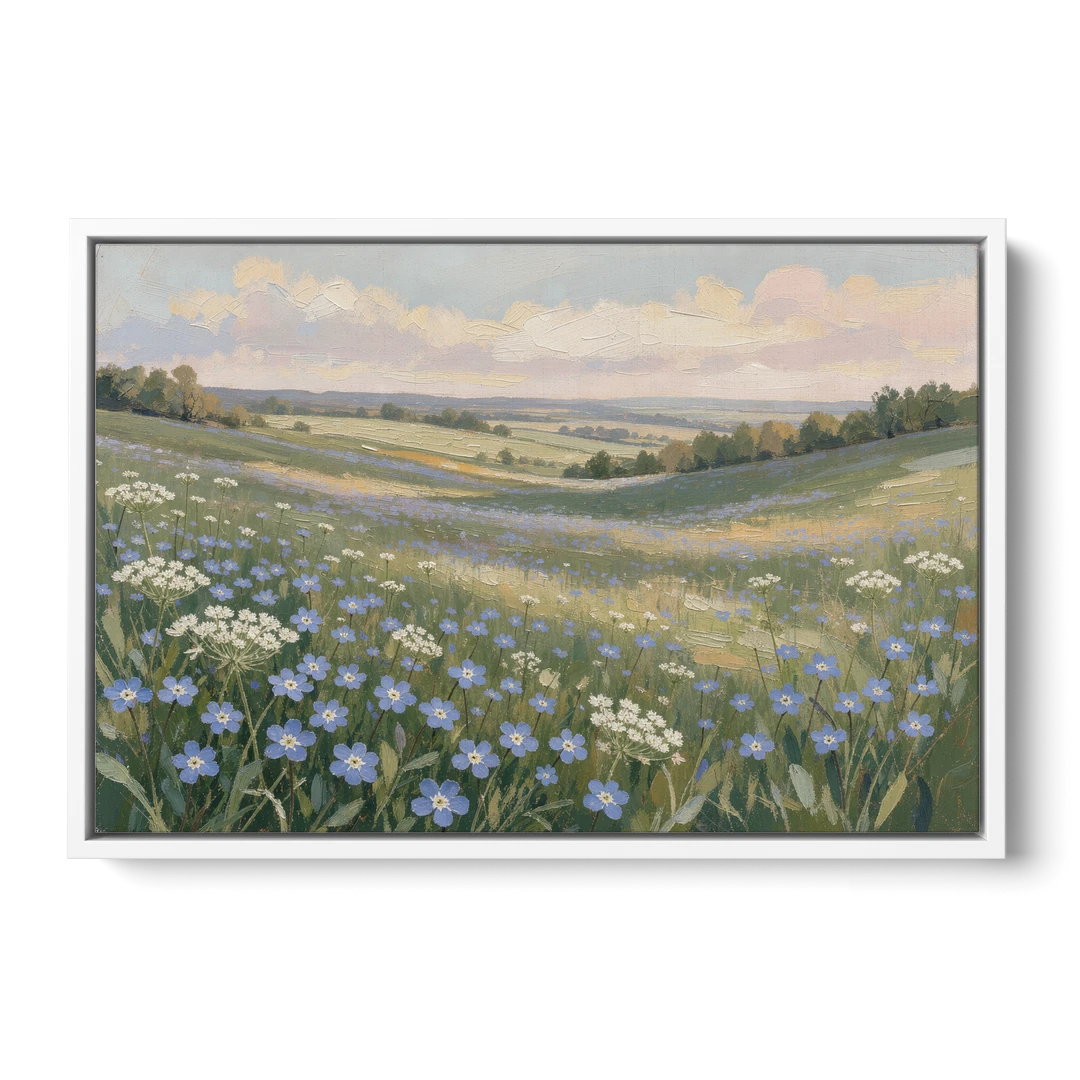 Spring Wall Art of Blue Blooms After Rain - White Framed Canvas Wall Art - Front