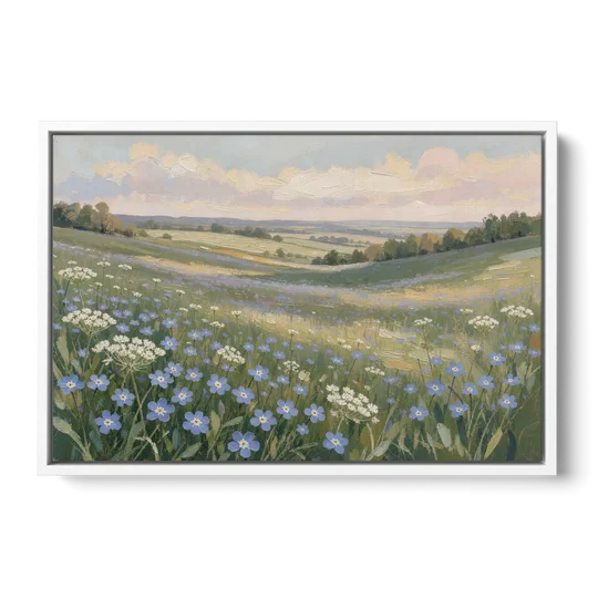 Spring Wall Art of Blue Blooms After Rain - White Framed Canvas Wall Art - Front