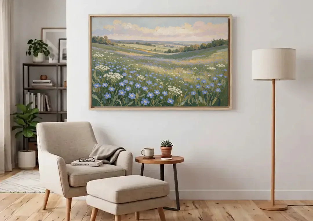 Spring Wall Art of Blue Blooms After Rain canvas wall art above an armchair in a bright living room