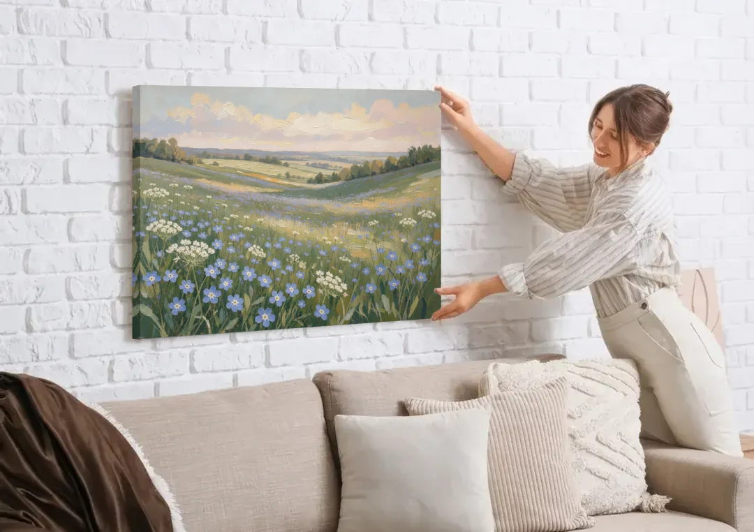 Spring Wall Art of Blue Blooms After Rain canvas wall art being hung on a white brick wall above a sofa