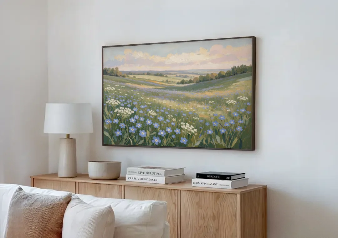 Spring Wall Art of Blue Blooms After Rain canvas wall art above a wooden sideboard next to a sofa