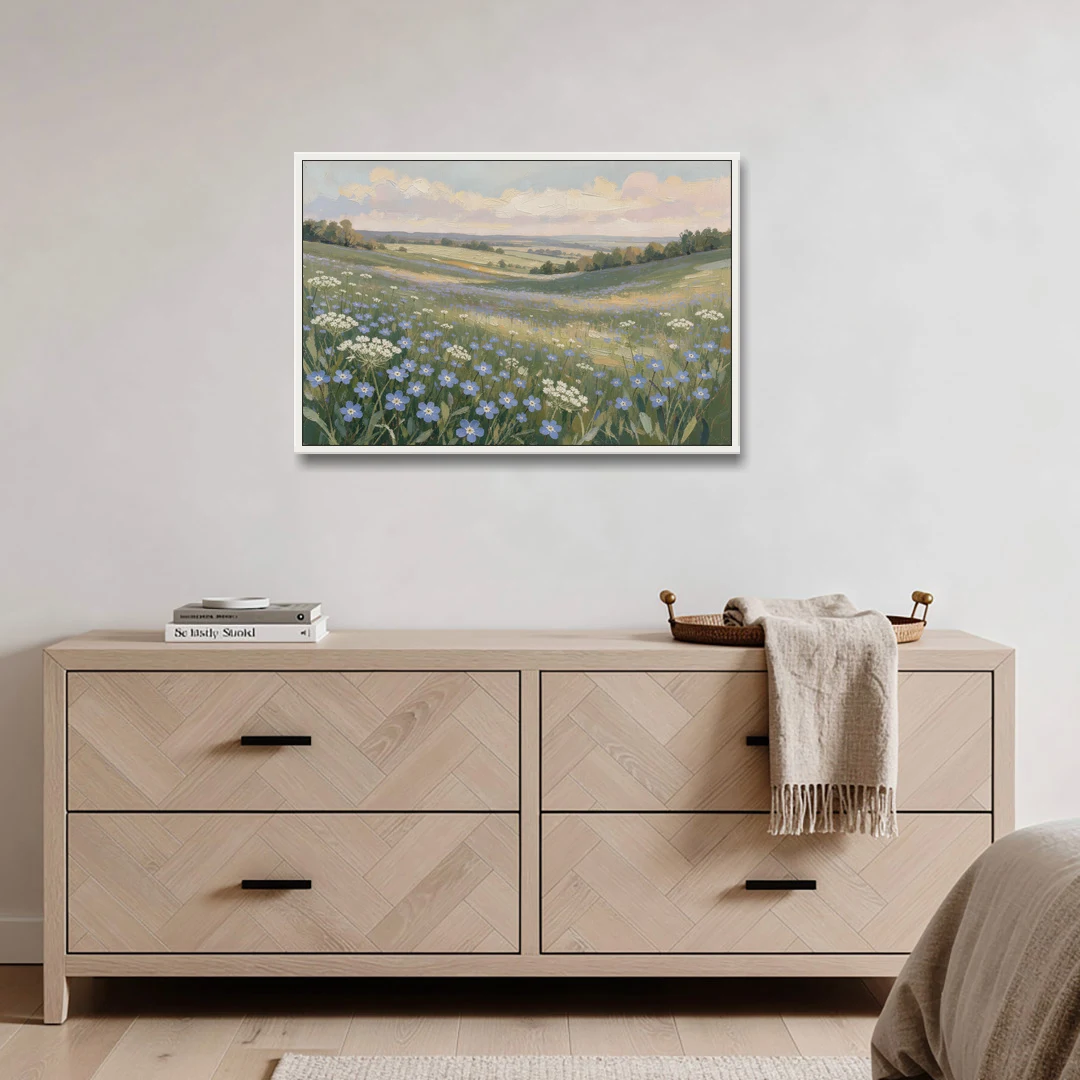 Spring Wall Art of Blue Blooms After Rain - White Framed Canvas Wall Art - Coffee Table - 36x24