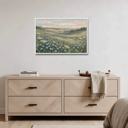 Spring Wall Art of Blue Blooms After Rain - White Framed Canvas Wall Art - Coffee Table - 36x24