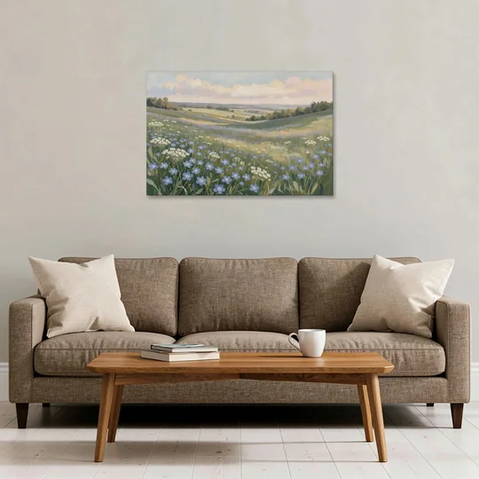 Spring Wall Art of Blue Blooms After Rain - Canvas Wall Art - Sofa - 36x24