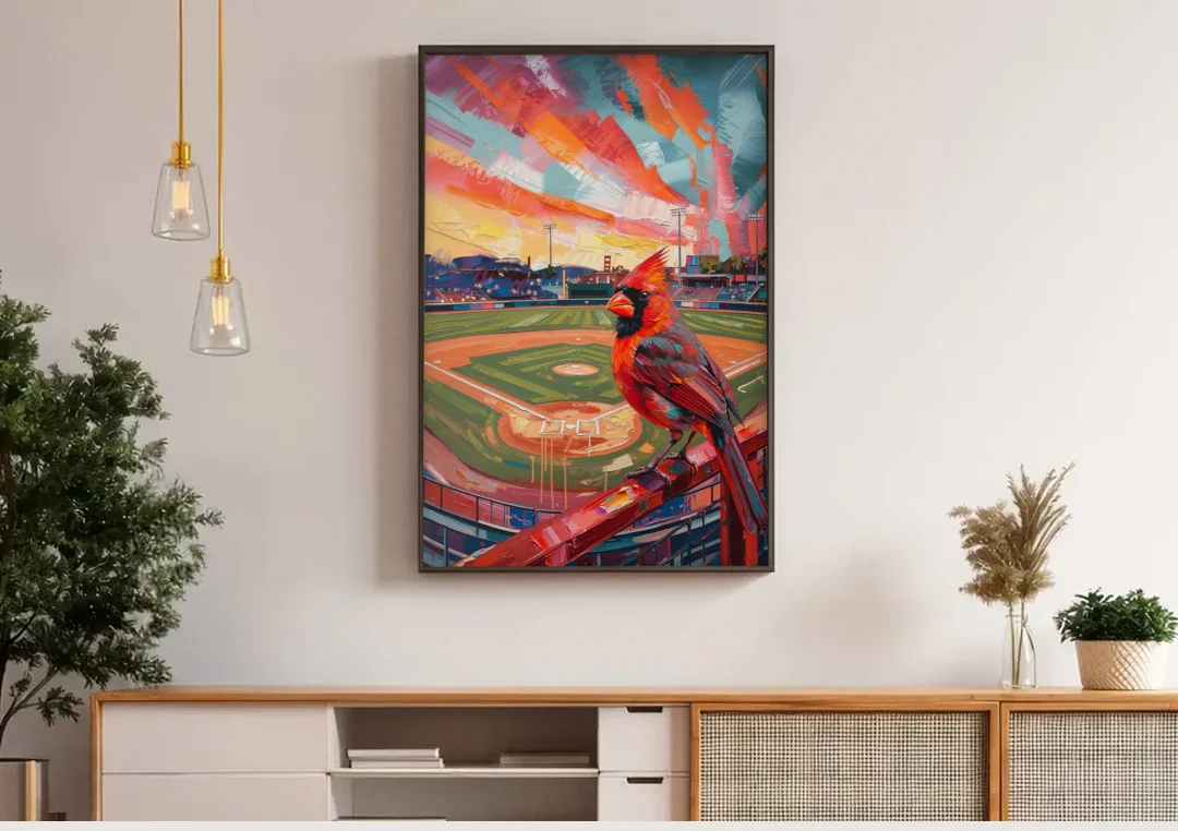 Springfield Cardinals Tribute canvas wall art above a wooden sideboard under pendant lights