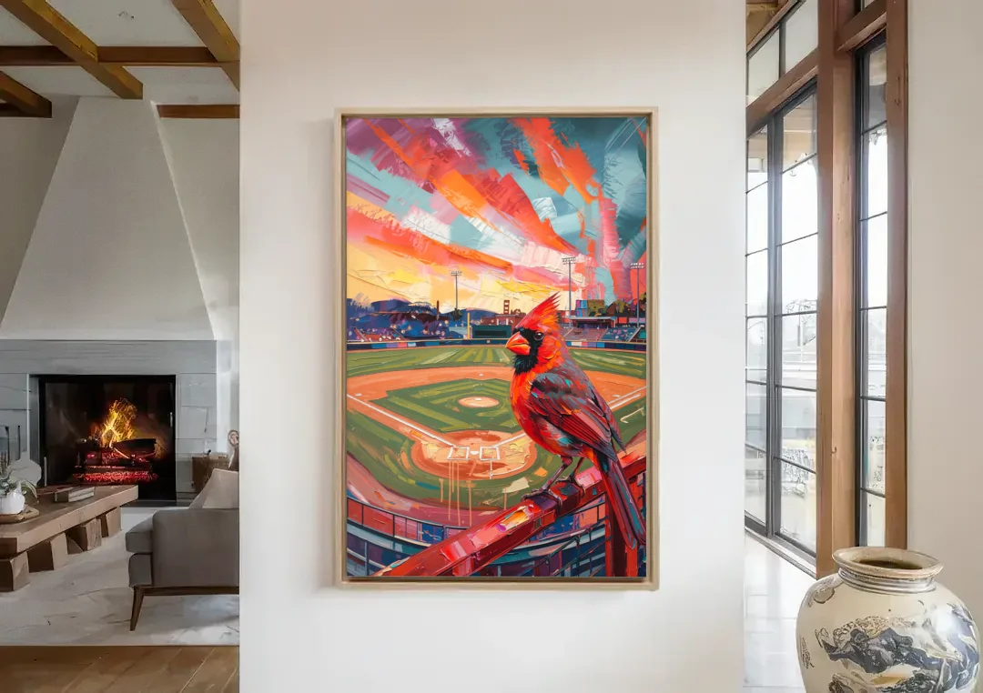 Springfield Cardinals Tribute canvas wall art in a living room with a fireplace
