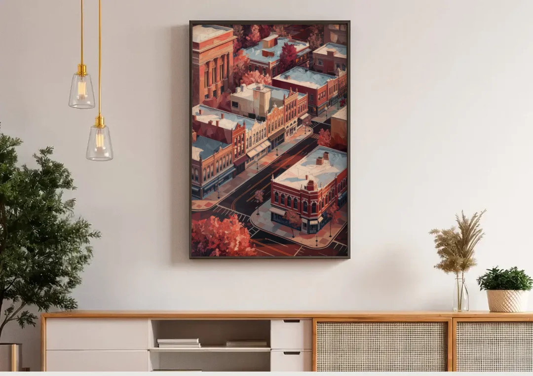 Springfield Historic Downtown canvas wall art above a wooden sideboard under pendant lights