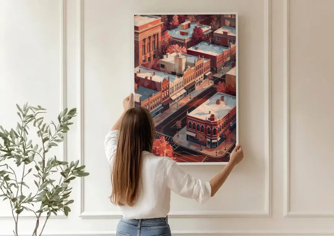 Springfield Historic Downtown canvas wall art being hung on a paneled wall
