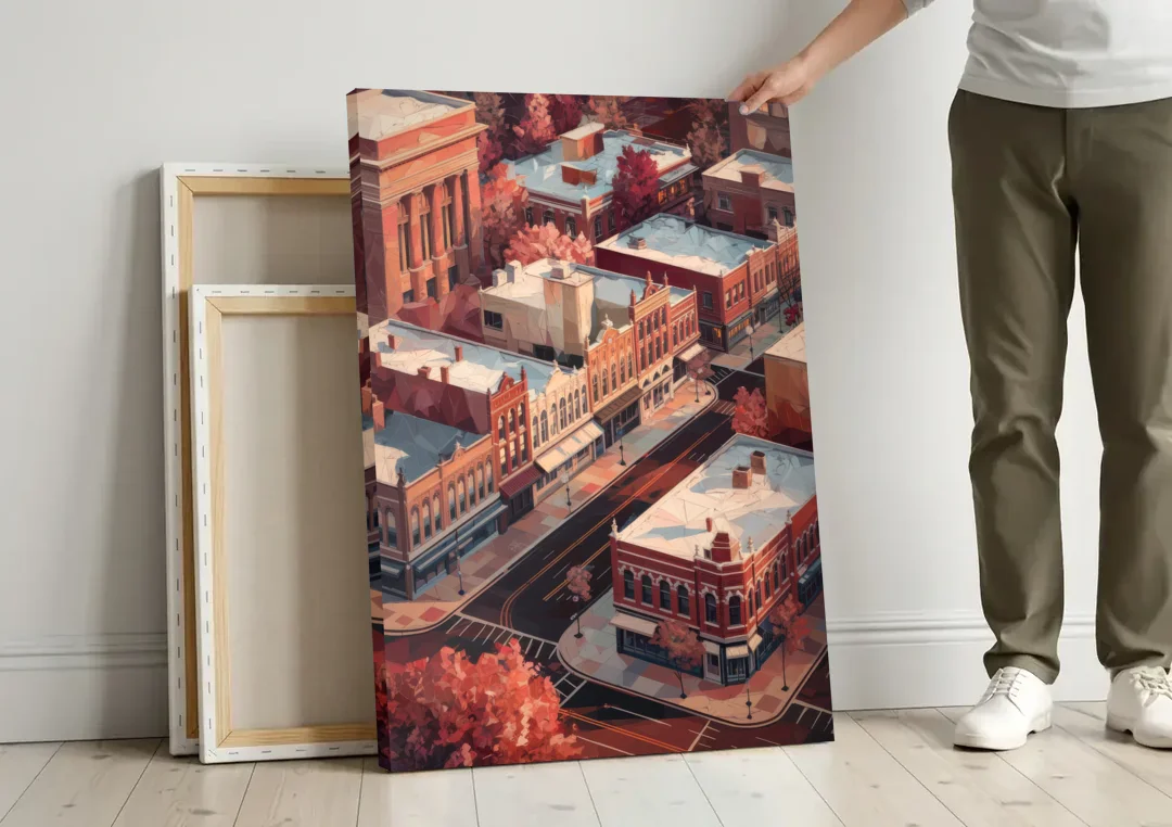 Springfield Historic Downtown canvas wall art leaning against a wall next to blank canvases