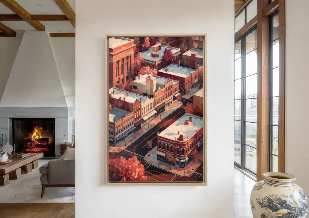 Springfield Historic Downtown canvas wall art in a living room with a fireplace