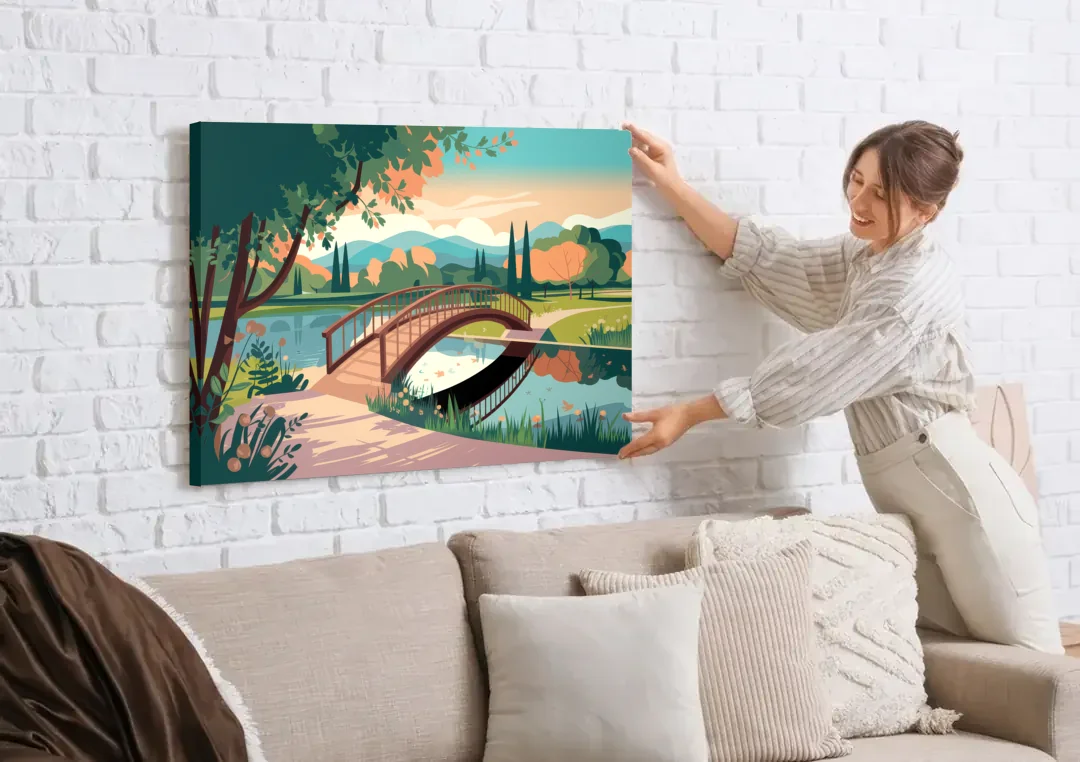 Springfield Parks And Trails canvas wall art being hung on a white brick wall above a sofa