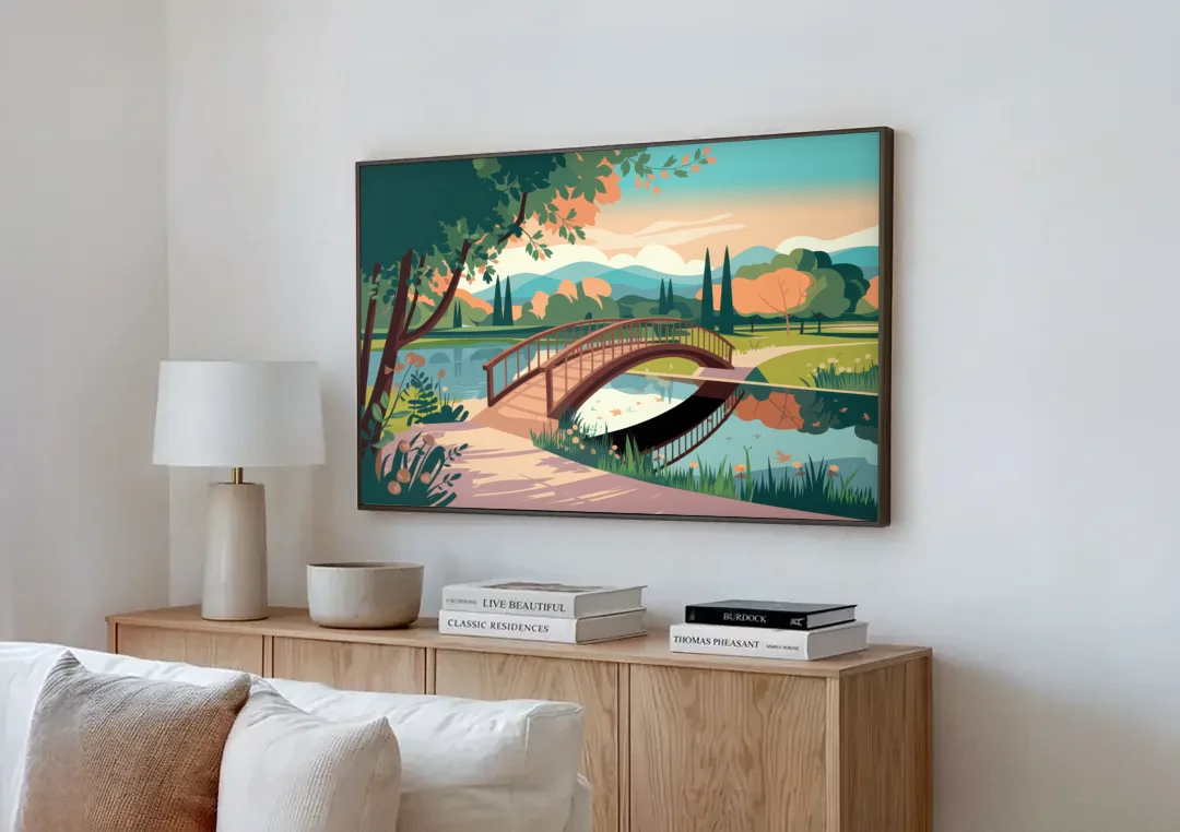 Springfield Parks And Trails canvas wall art above a wooden sideboard next to a sofa