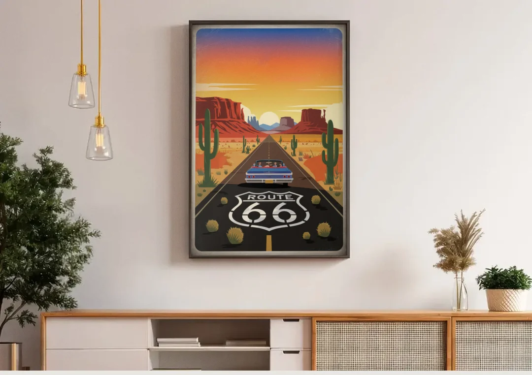 Springfield Route 66 canvas wall art above a wooden sideboard under pendant lights