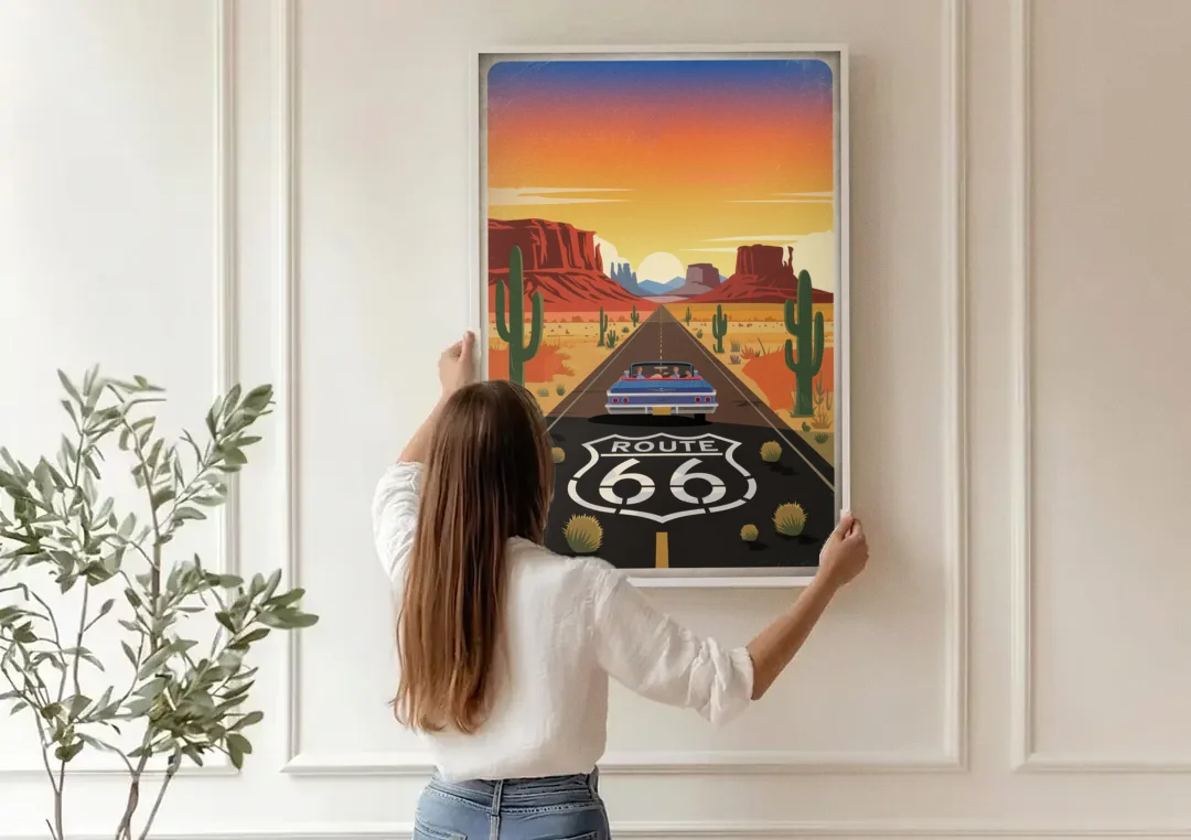 Springfield Route 66 canvas wall art being hung on a paneled wall