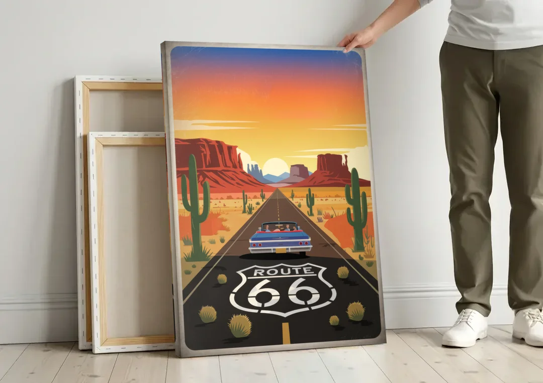 Springfield Route 66 canvas wall art leaning against a wall next to blank canvases