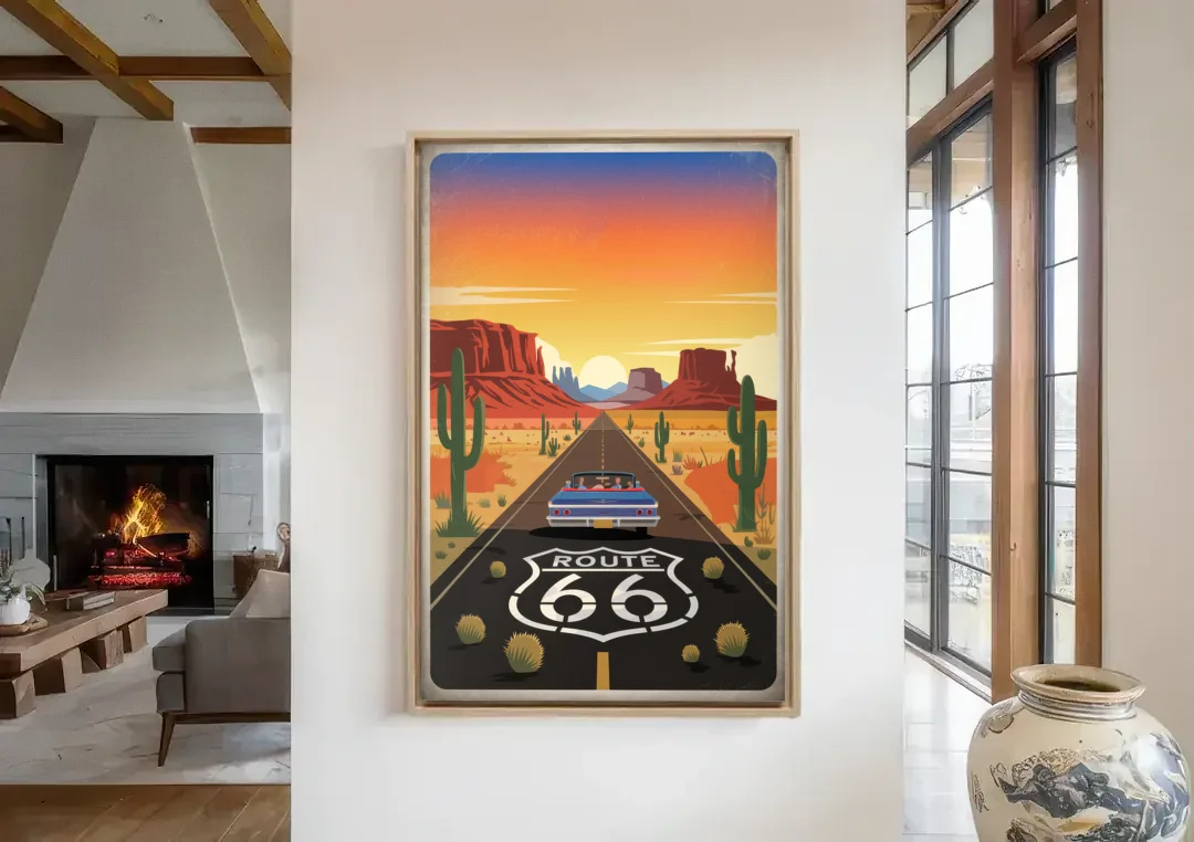 Springfield Route 66 canvas wall art in a living room with a fireplace