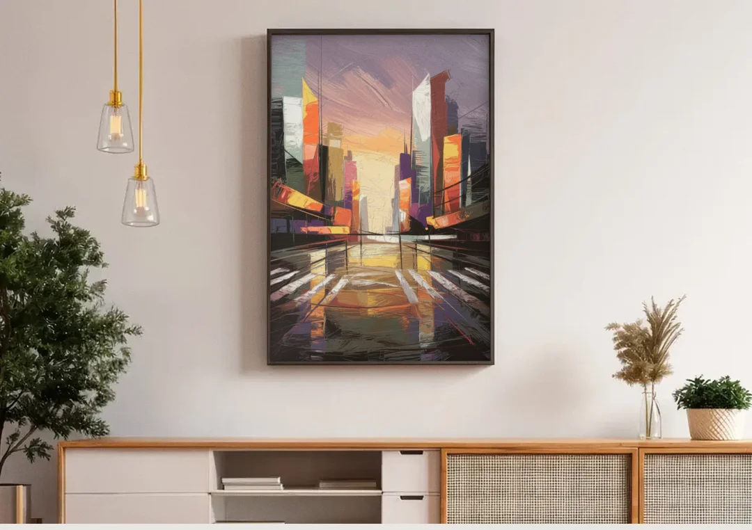 Springfield Urban Vibes canvas wall art above a wooden sideboard under pendant lights