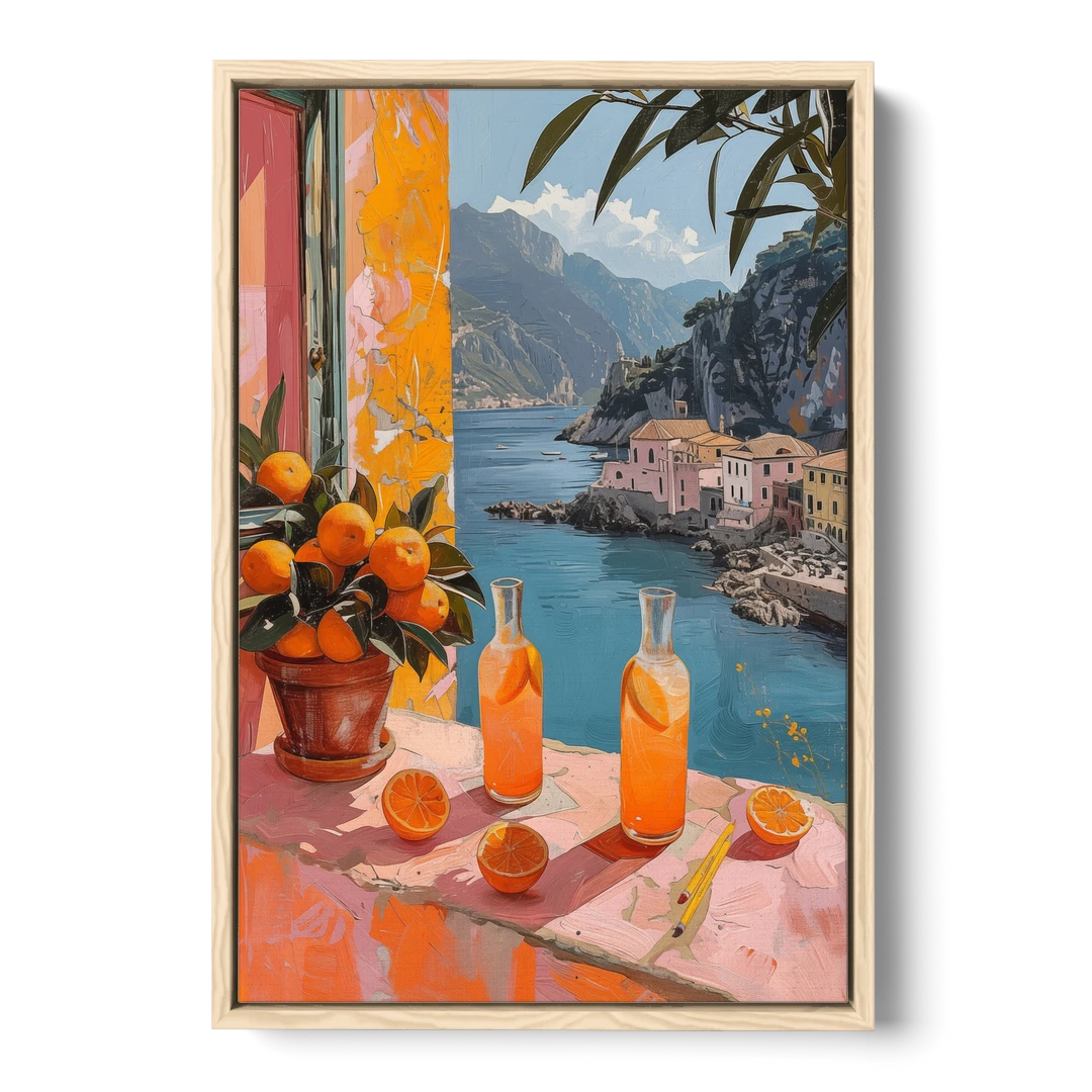 Spritz Painting at a Seaside Window - Oak Framed Canvas Wall Art - Front
