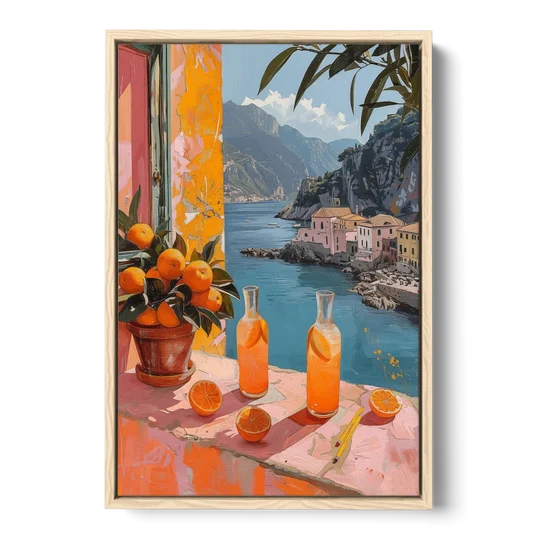 Spritz Painting at a Seaside Window - Oak Framed Canvas Wall Art - Front