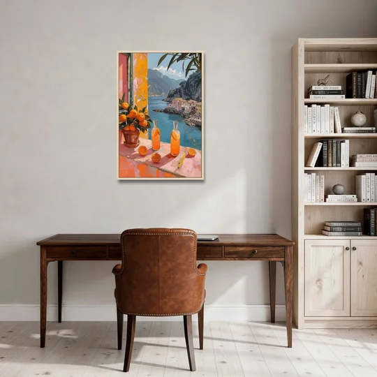 Spritz Painting at a Seaside Window - Oak Framed Canvas Wall Art - Office - 24x36