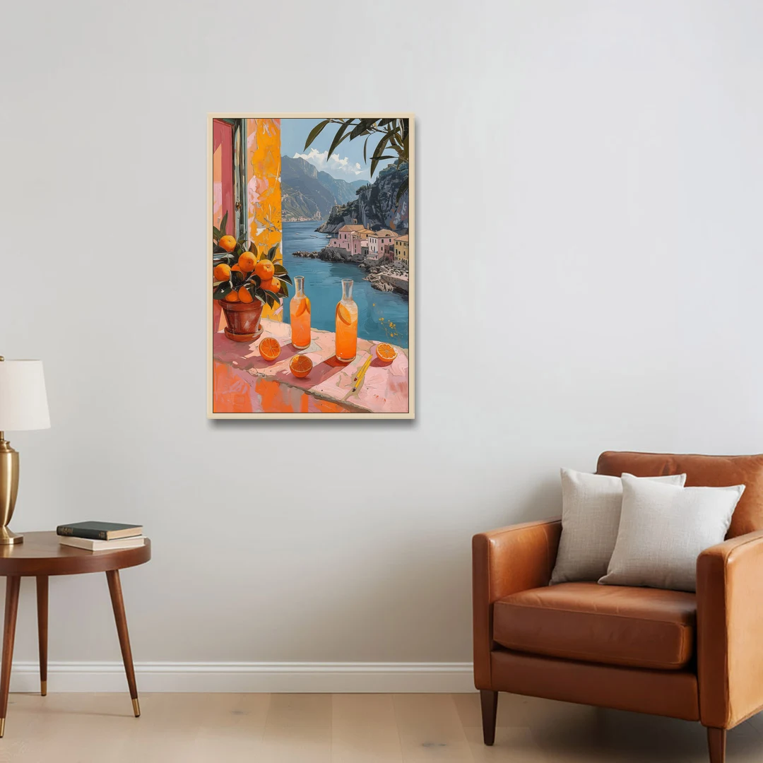 Spritz Painting at a Seaside Window - Oak Framed Canvas Wall Art - Sofa - 24x36